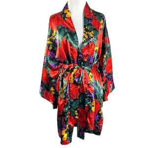 Vintage 80s 90s Gold Label Victoria's Secret Red Purple Floral Satin Robe Medium